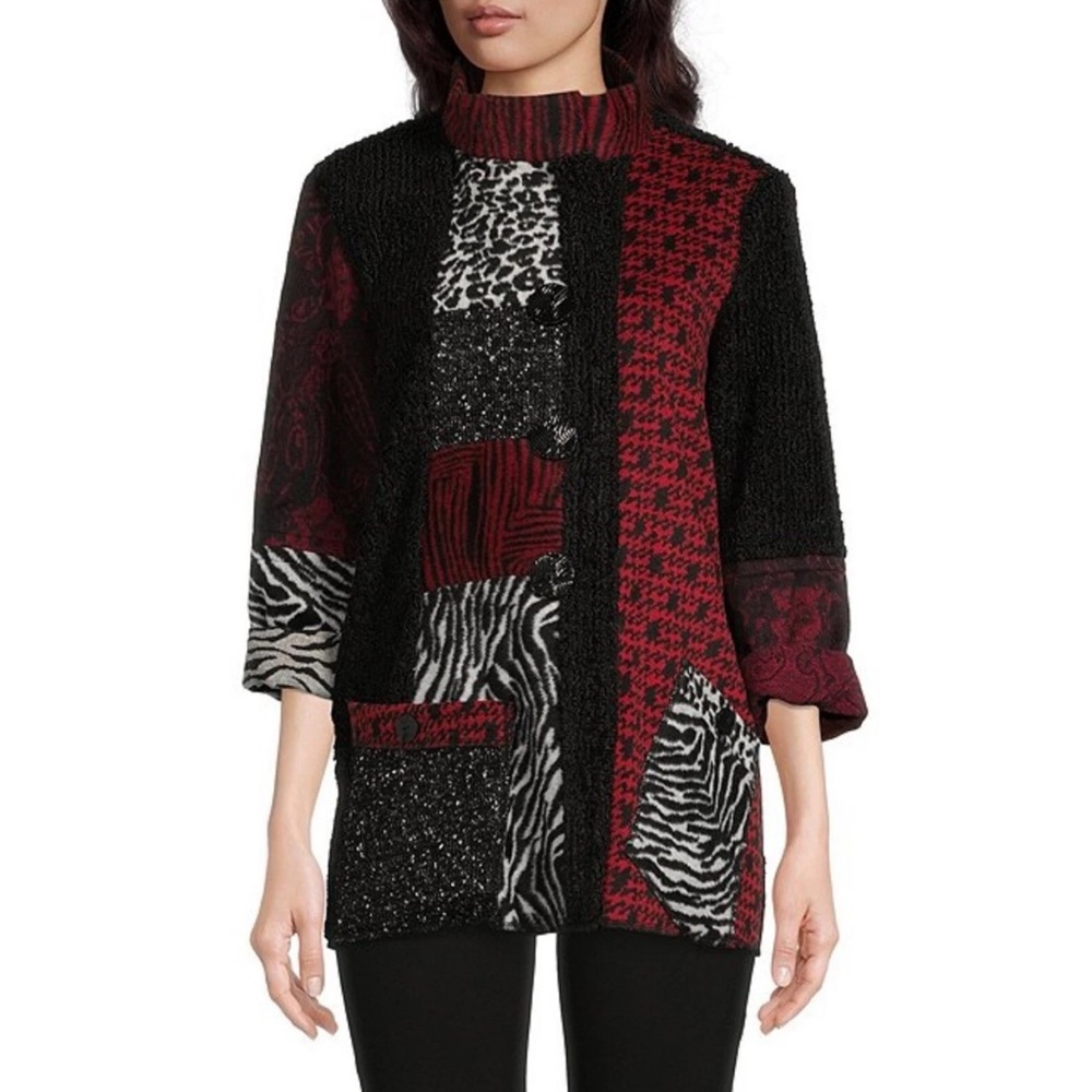 Ali Miles - Mixed Media Patchwork Jacket - Red/Black Animal Print
